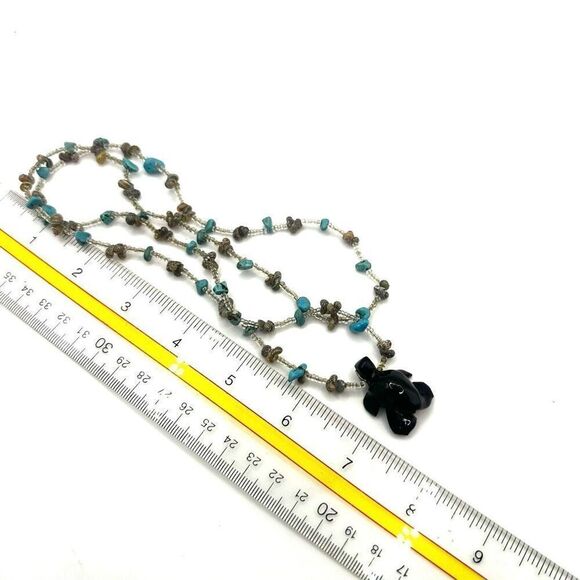 Turquoise and shell wood turtle long pendant necklace - Picture 6 of 10